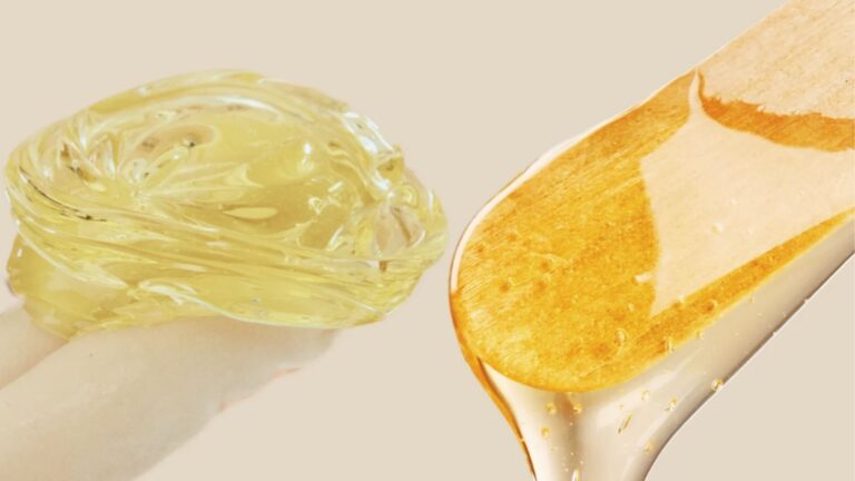 Closeup of clear hard wax and golden soft wax side by side comparing textures and use.