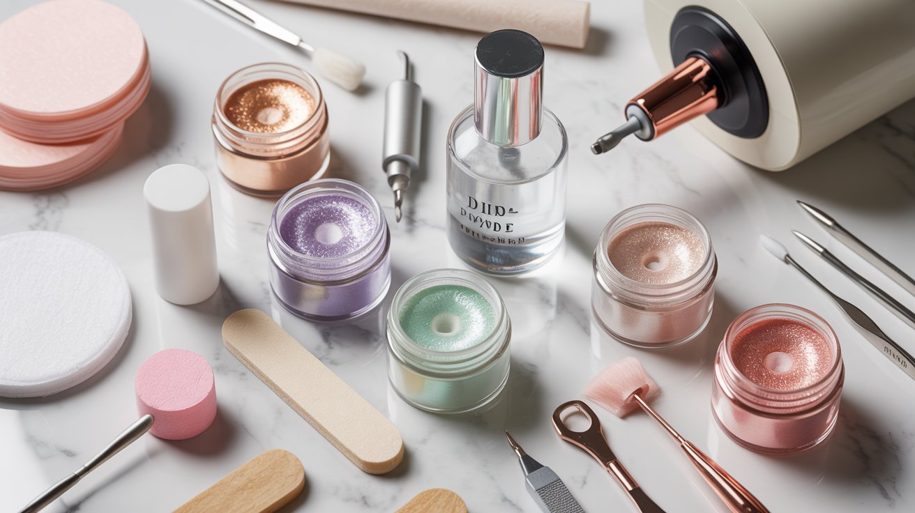 Organized dip nail supplies with powders, manicure tools, and glossy nail products on elegant vanity