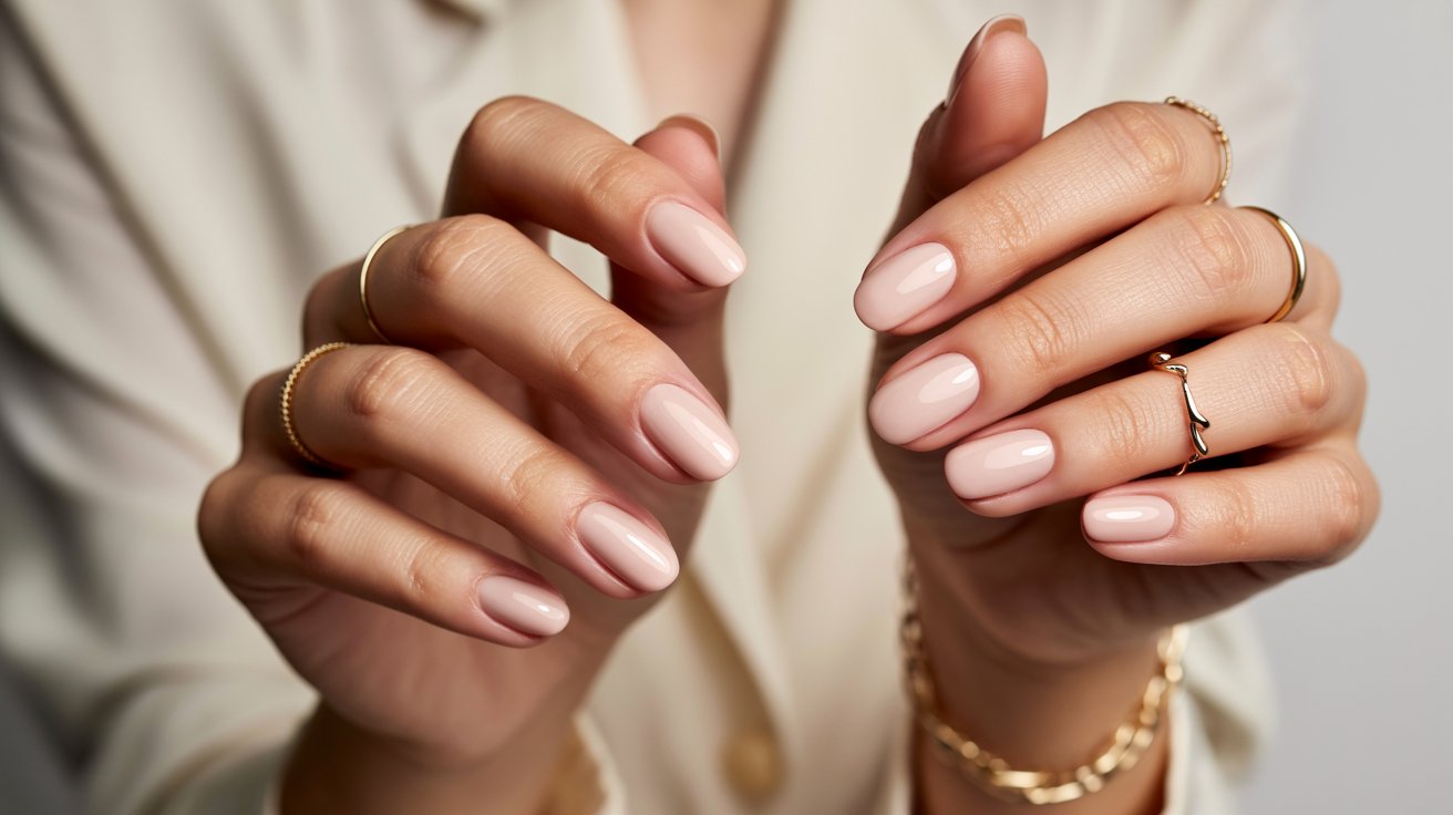 Short oval and almond nail shapes with glossy nude manicures and classy feminine styling.