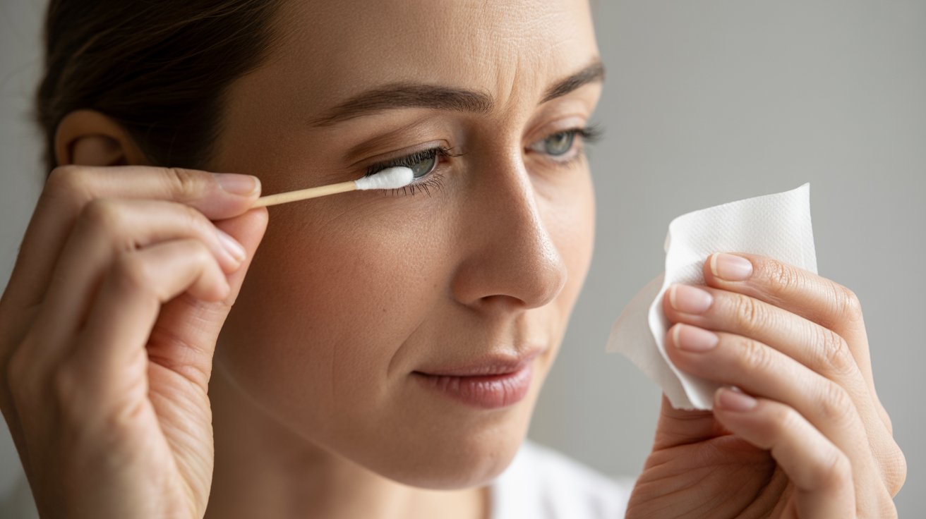 Person gently removing eyelash from eye using clean tissue and damp cotton swab safely carefully.