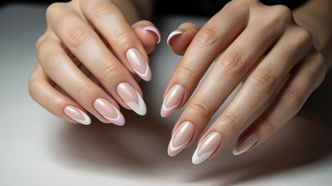 Abstract French tip almond nails with artistic lines and modern creative manicure styling.