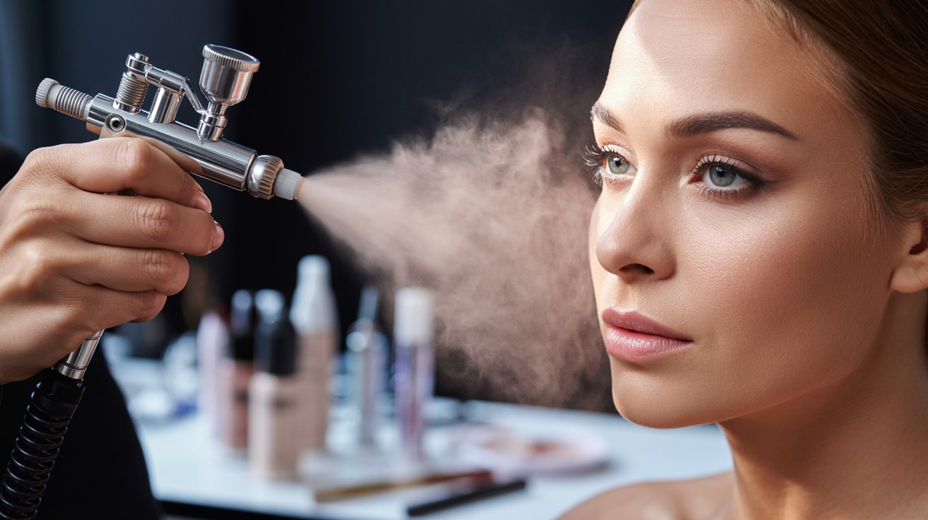 Professional airbrush makeup application creating smooth lightweight glowing skin with natural flawless camera-ready finish