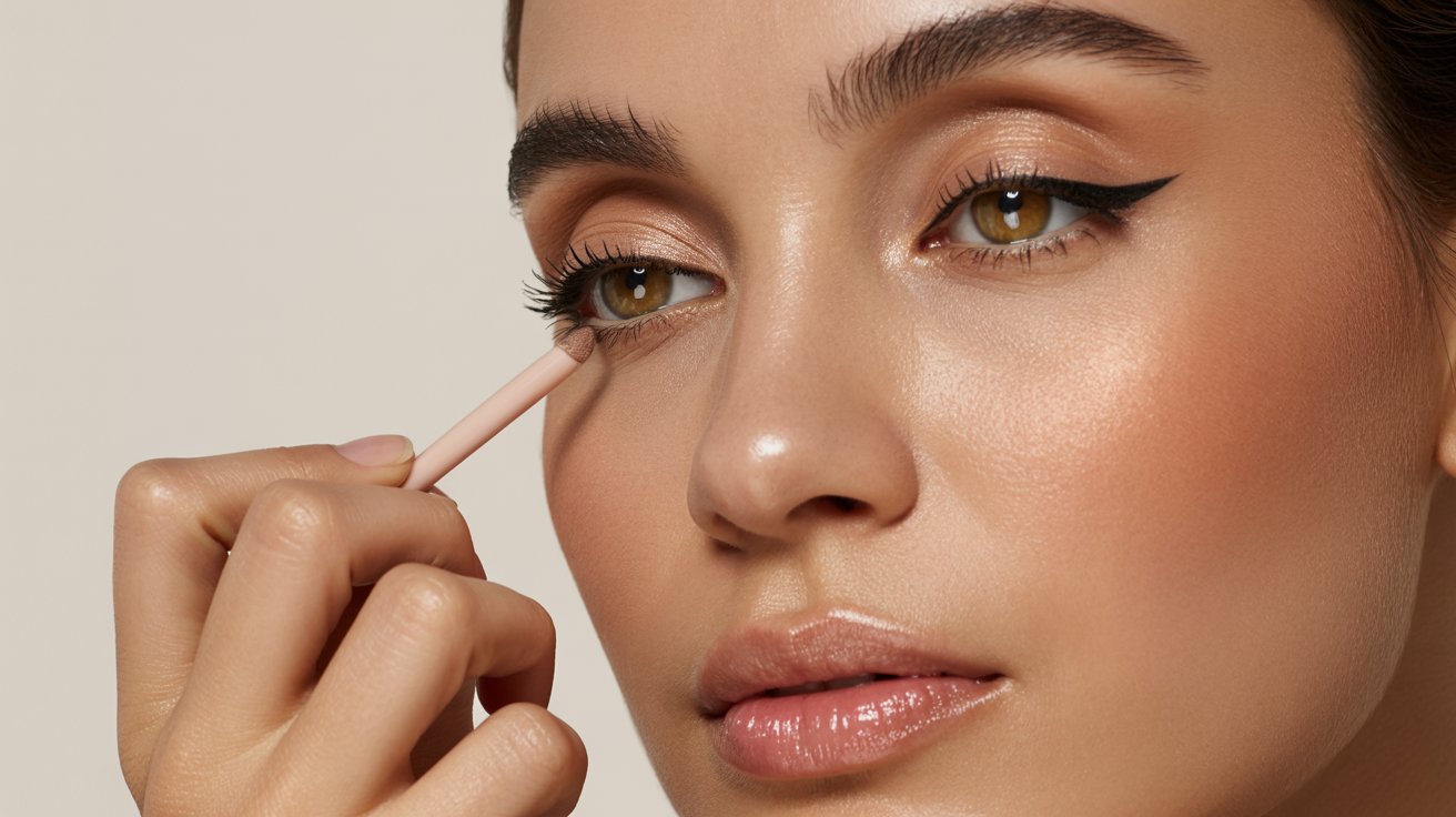 Woman applying nude eyeliner on waterline to create brighter and naturally bigger-looking eyes softly.