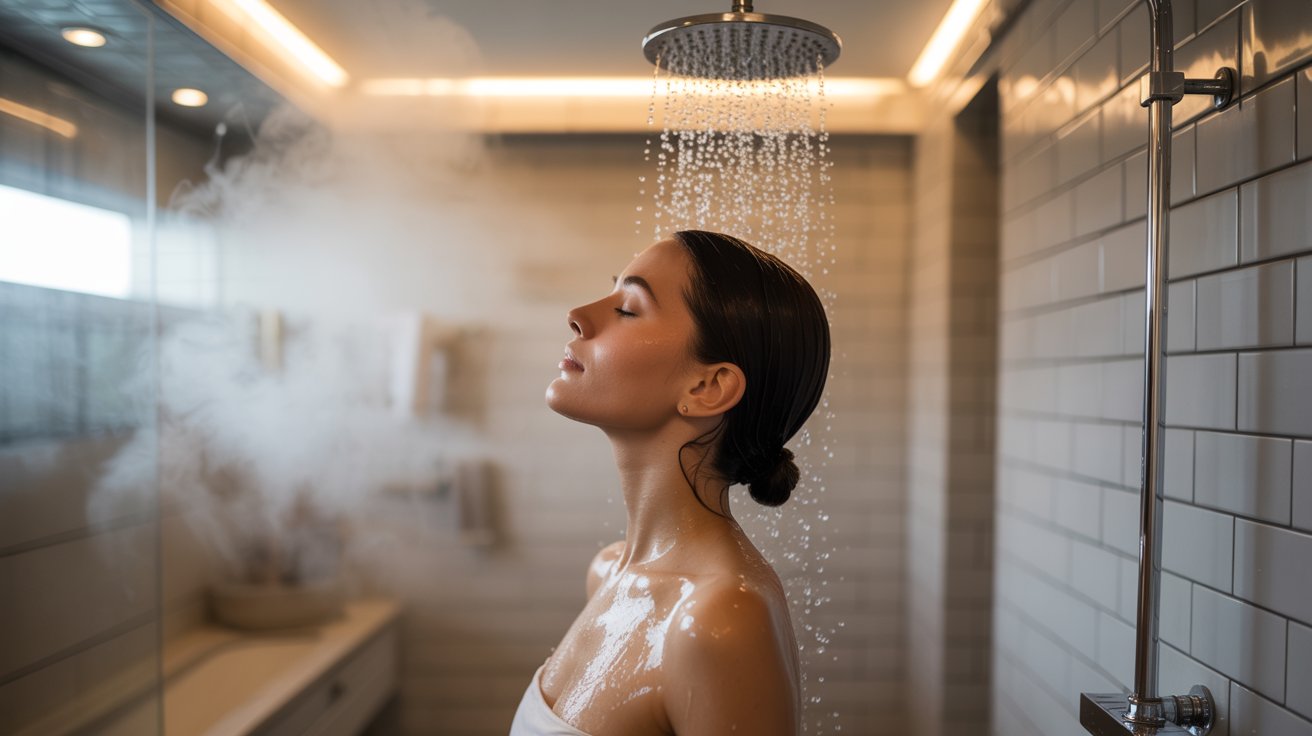 Woman under hot shower with steam, showing warm water relaxation and calming daily routine.