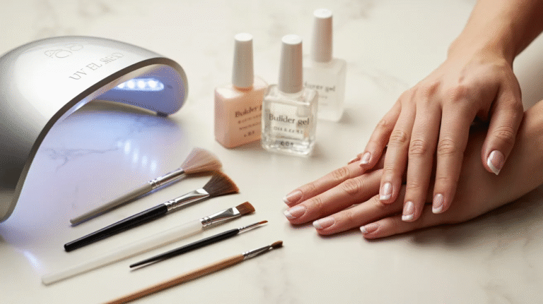 professional nail care setup showing builder gel tools and a finished salon-style manicure representing a step-by-step builder gel guide