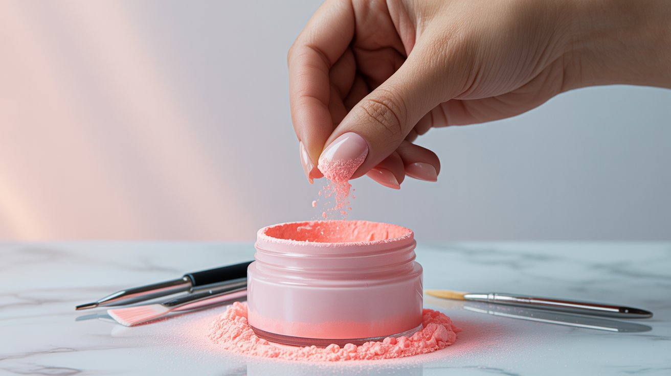 Fingernail dipped into pastel powder jar during at-home dip manicure application process with manicure tools