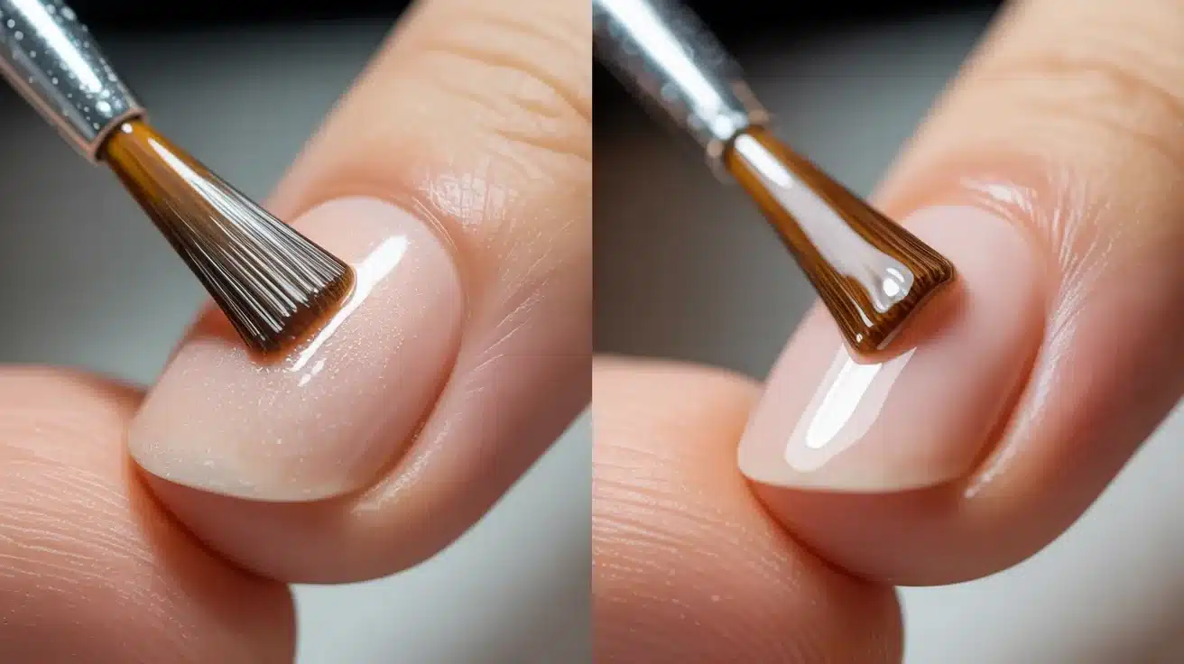 side-by-side close-up showing thick builder gel application versus thin regular gel polish to highlight texture and purpose differences.