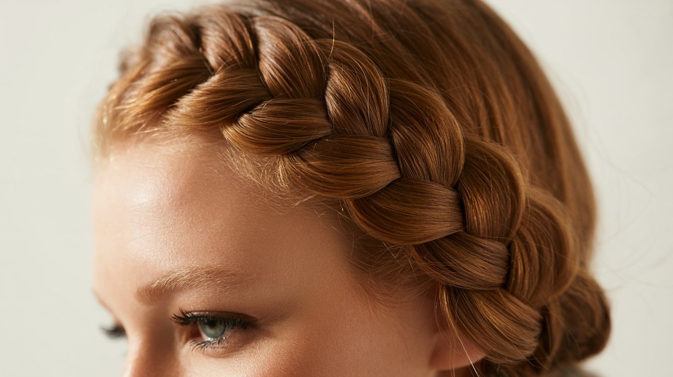 Classic French braid lying flat against the scalp with smooth woven sections and polished hairstyle finish