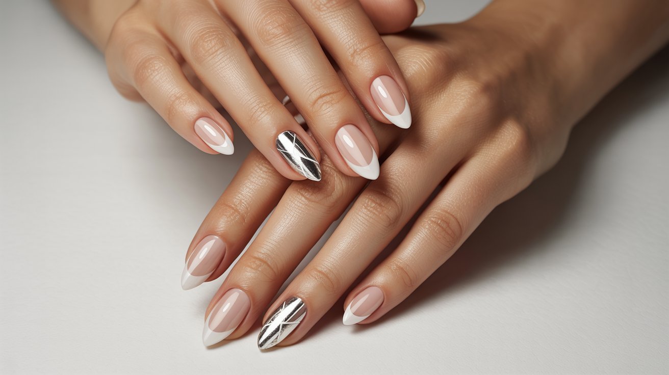 White and silver French tip almond nails with clean edgy geometric manicure details.
