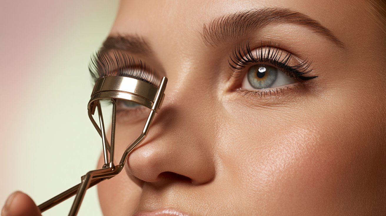 Woman curling lashes and applying mascara for lifted, fanned-out, and wider-looking eyes naturally.