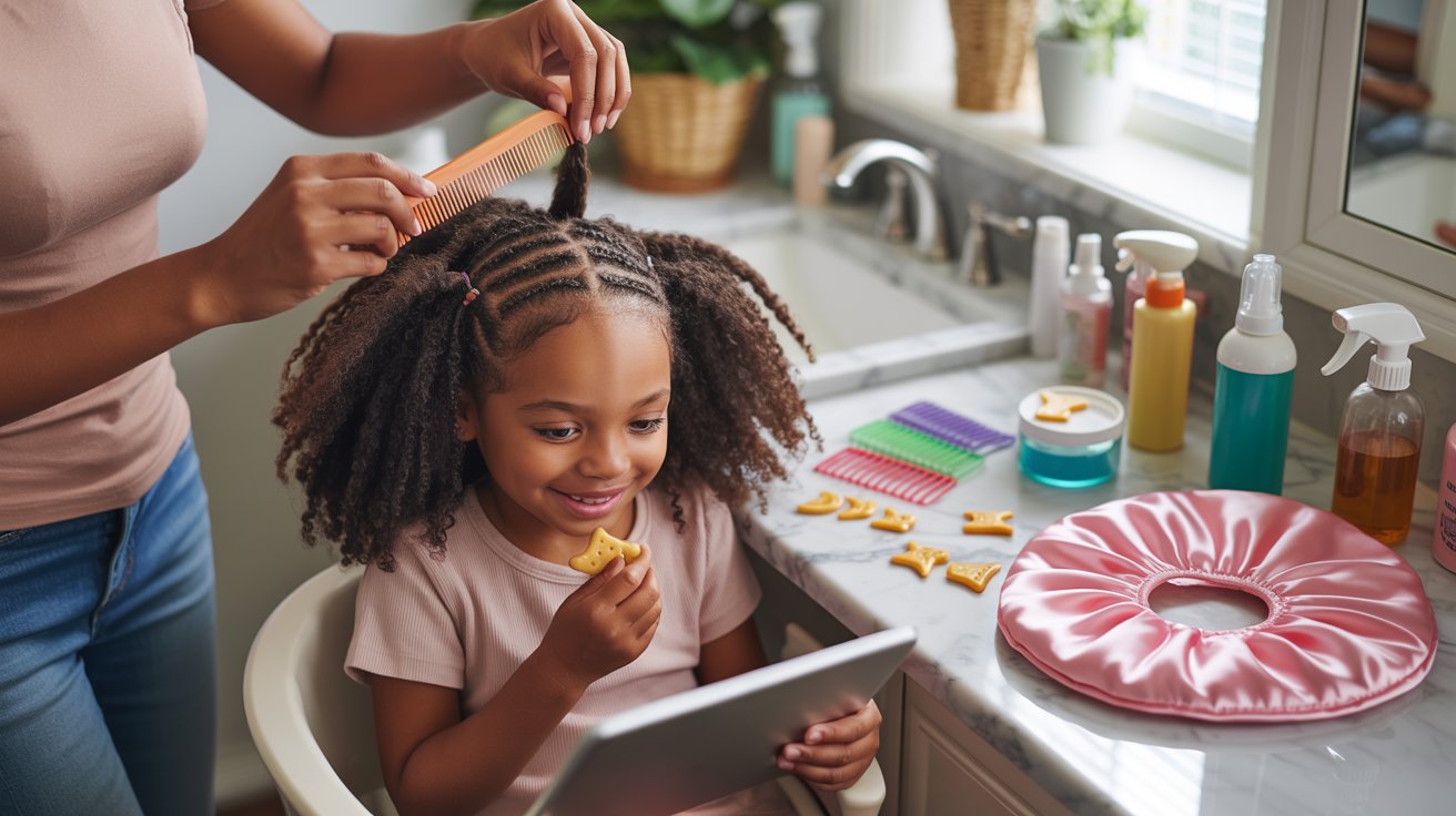 Black mother gently styling daughter’s natural hair with neat parts and protective care at home