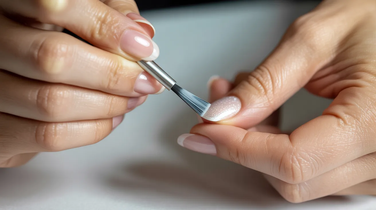 close-up of thin base coat and builder gel being applied in smooth layers to create structure and strength for nails.