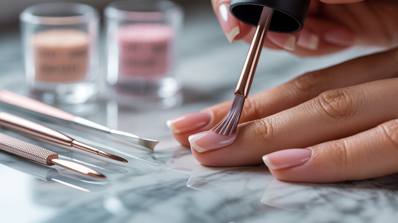 Thin base coat applied carefully on nails during dip powder manicure preparation process at home