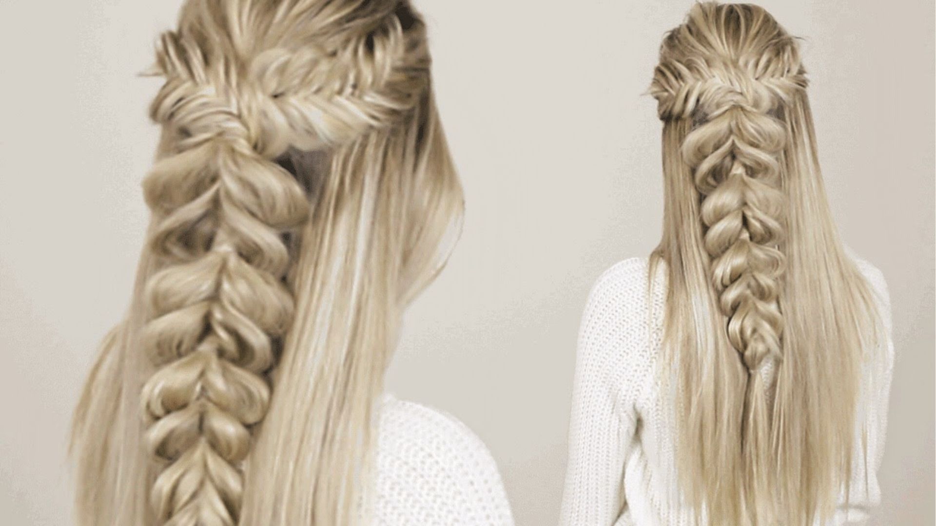 Fishtail half up half down black style with chunky pull through braid and long loose waves in white