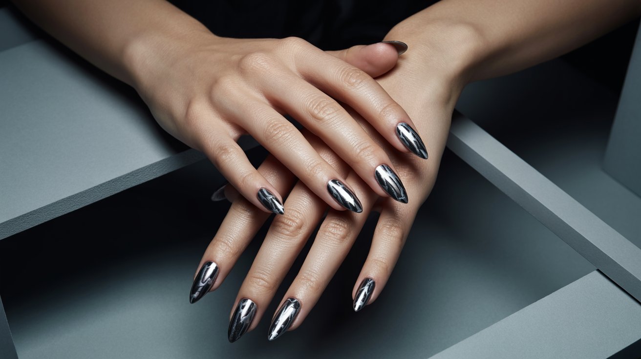 Gunmetal gray metallic almond nails with sleek reflective finish and edgy modern manicure styling