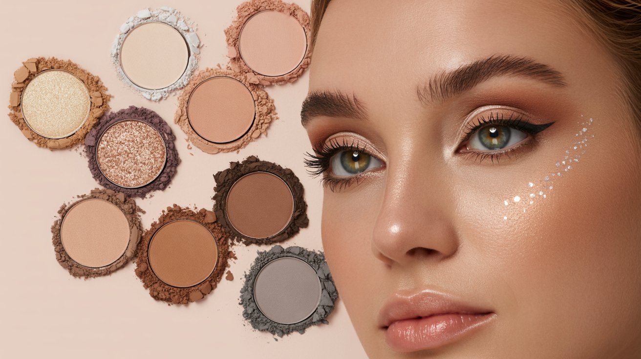 Bright neutral eyeshadow shades with soft glam makeup creating naturally bigger and more open-looking eyes beautifully.