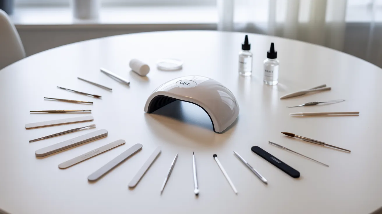 neatly arranged nail preparation tools including files, primer, and lamp used for builder gel application and nail prep routine.