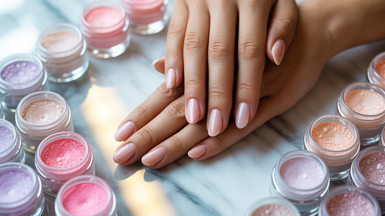 Multiple dip powder layers applied on nails for smooth full coverage and stronger manicure finish