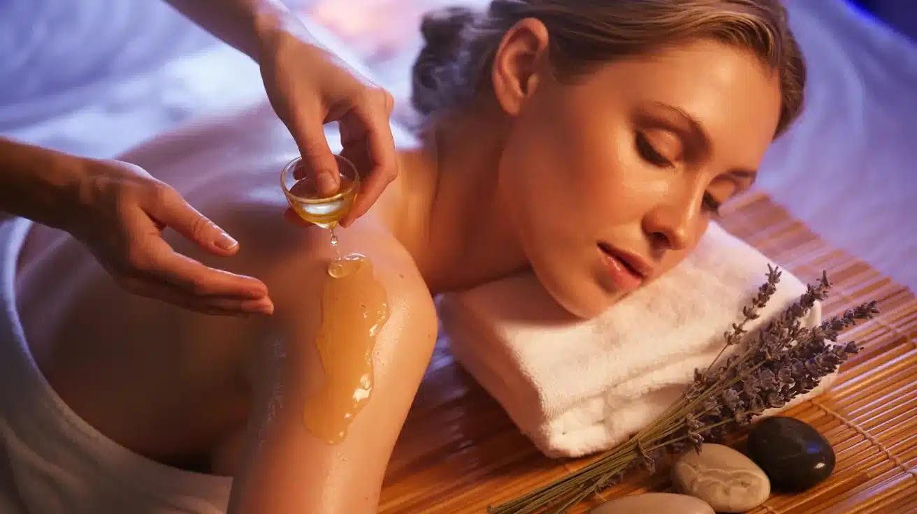 diluted lavender oil applied to sunburned skin for calming relief and skin repair support.