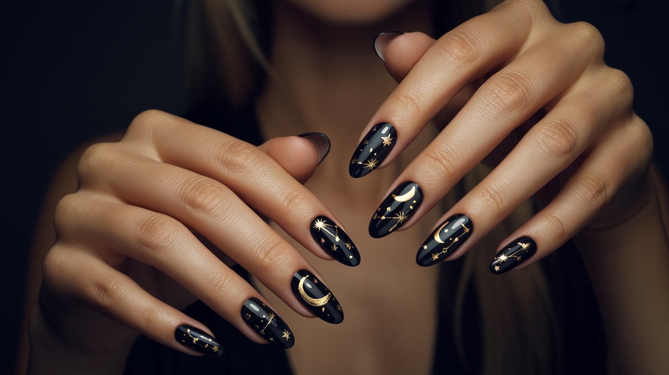 Black and gold celestial almond nails with moon star details and dramatic manicure aesthetic
