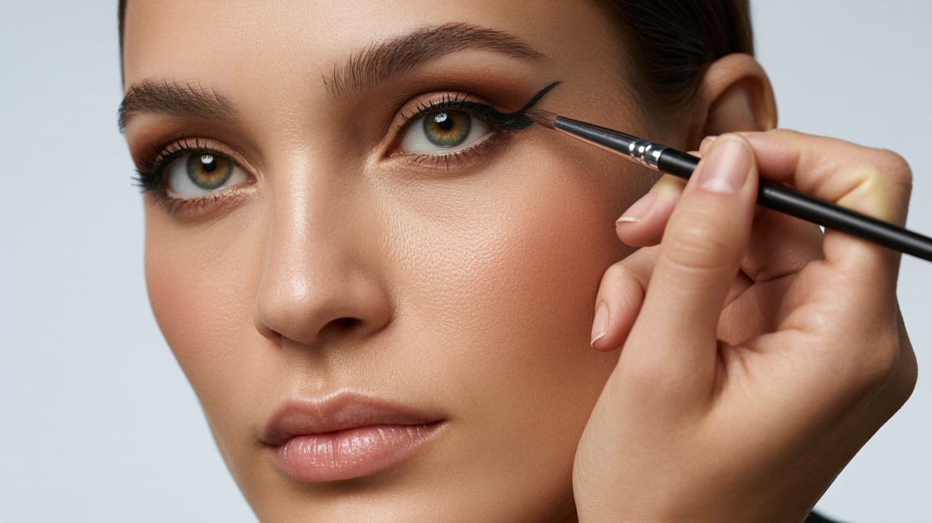 Woman wearing soft brown eyeshadow and thin eyeliner for naturally lifted and bigger-looking eyes beautifully.