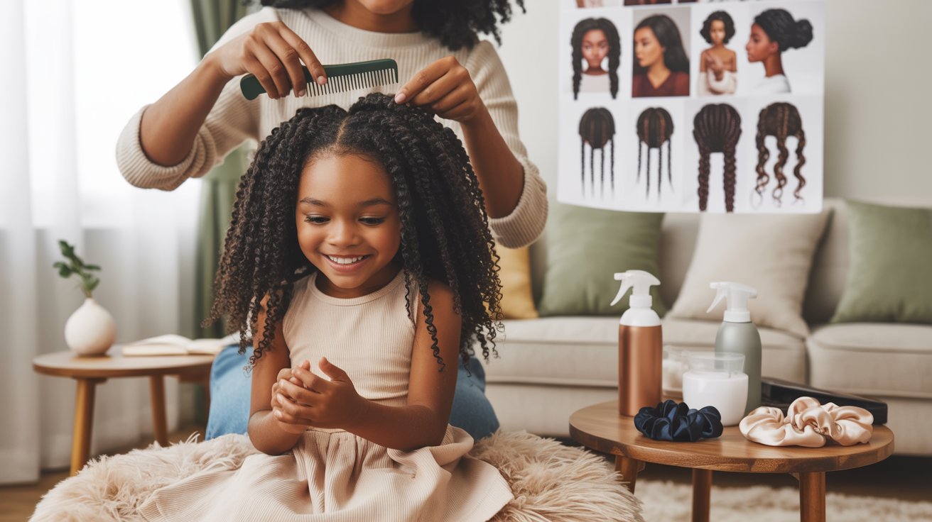 Happy Black mother styling daughter’s natural hair with gentle protective hairstyle in cozy bright home