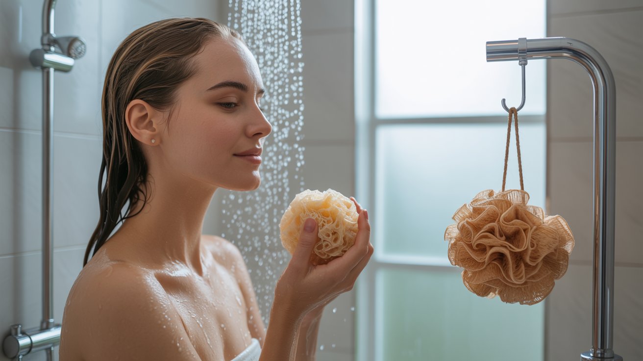 Woman holding loofah in shower with natural dried loofah plant shown to explain skincare exfoliating tool