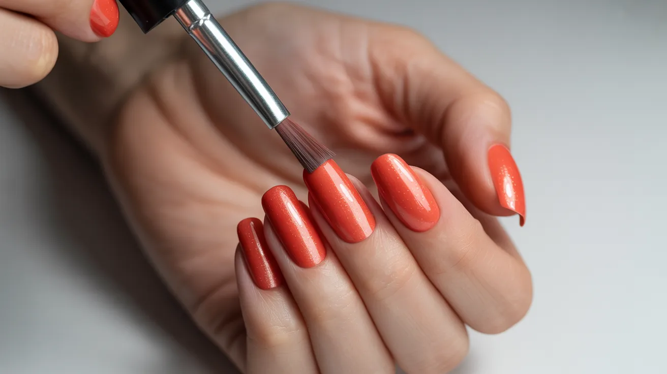 applying gel polish color and top coat over builder gel nails for a glossy, finished salon-quality manicure.