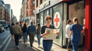 A woman walks by Eugene's clinic, a healthcare facility located in New York City.