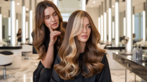 Two women with long hair sitting in a salon, engaged in conversation while receiving hair treatments.