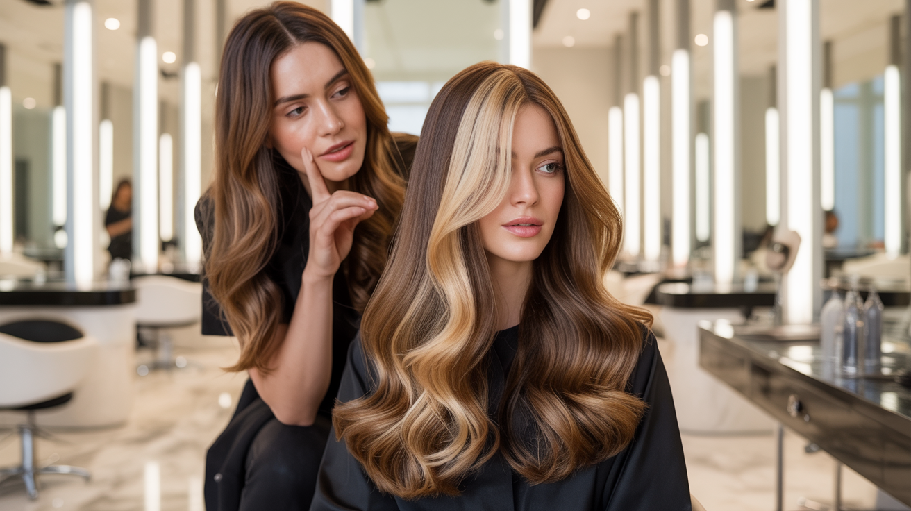 Two women with long hair sitting in a salon, engaged in conversation while receiving hair treatments.