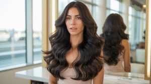 A woman with long, dark hair sits in a salon chair, preparing for a hair treatment.