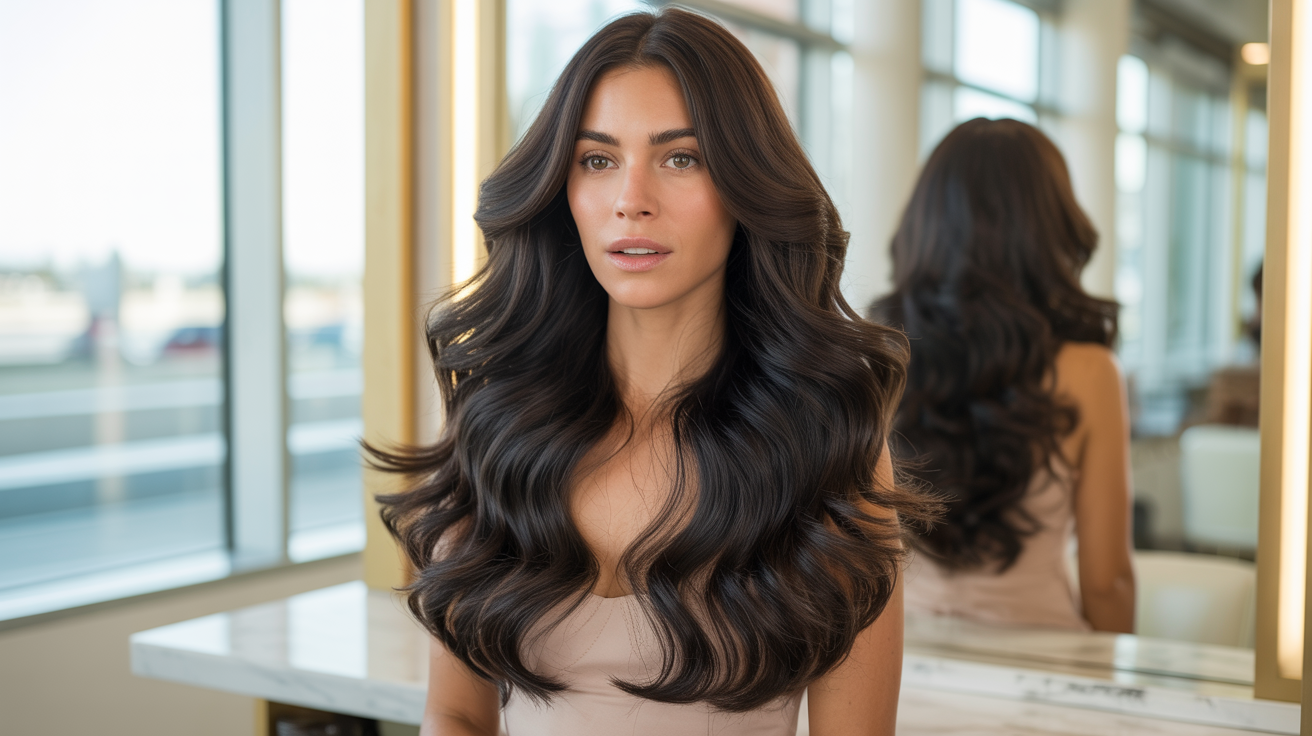 A woman with long, dark hair sits in a salon chair, preparing for a hair treatment.