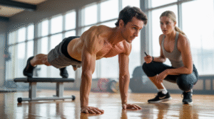 A man and woman performing push-ups on gym mats, demonstrating strength and fitness in a workout environment.