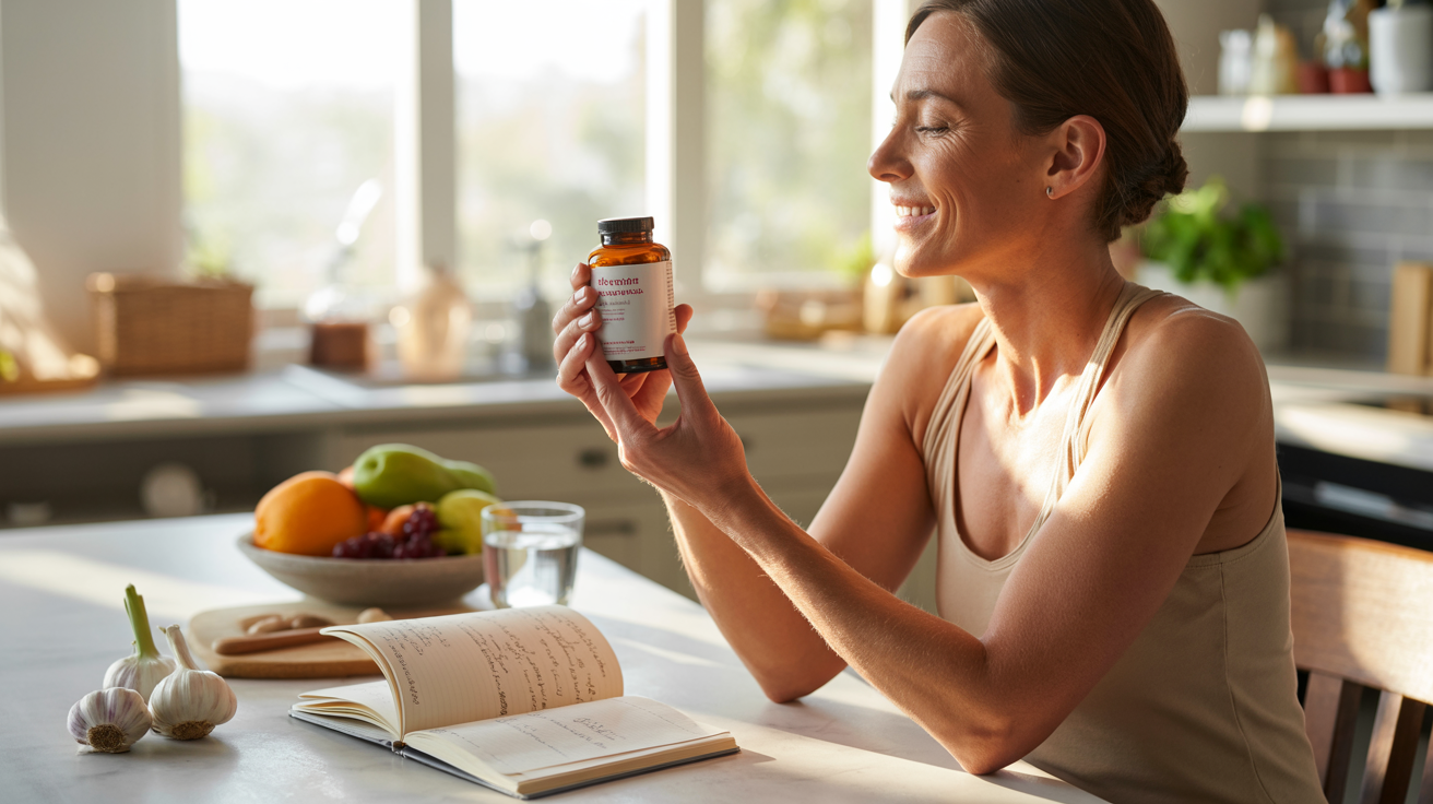 A woman smiling while holding a bottle of vitamin C supplements in her hand.