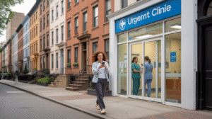 A woman walks by Eugene's clinic, a healthcare facility located in New York City.