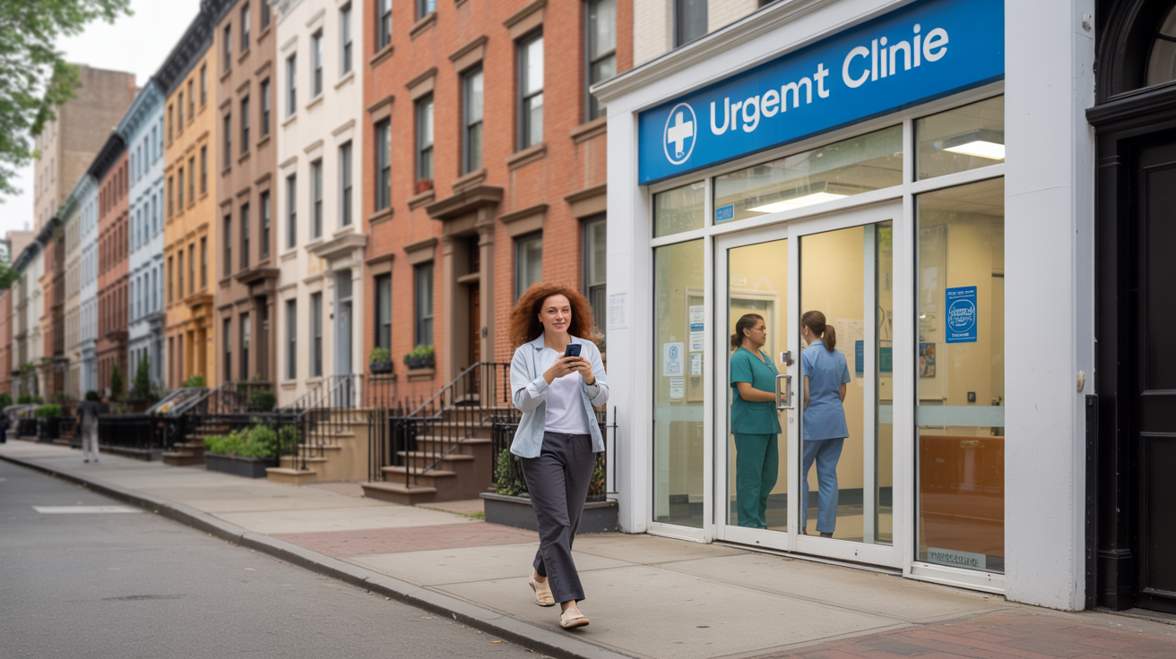 A woman walks by Eugene's clinic, a healthcare facility located in New York City.