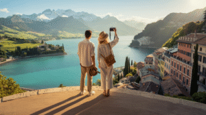 A couple stands by a lake, capturing a photo of the serene water and majestic mountains in the background.