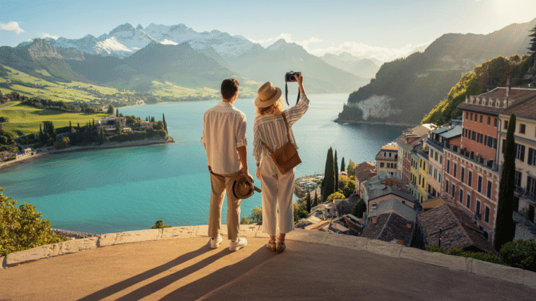 A couple stands by a lake, capturing a photo of the serene water and majestic mountains in the background.