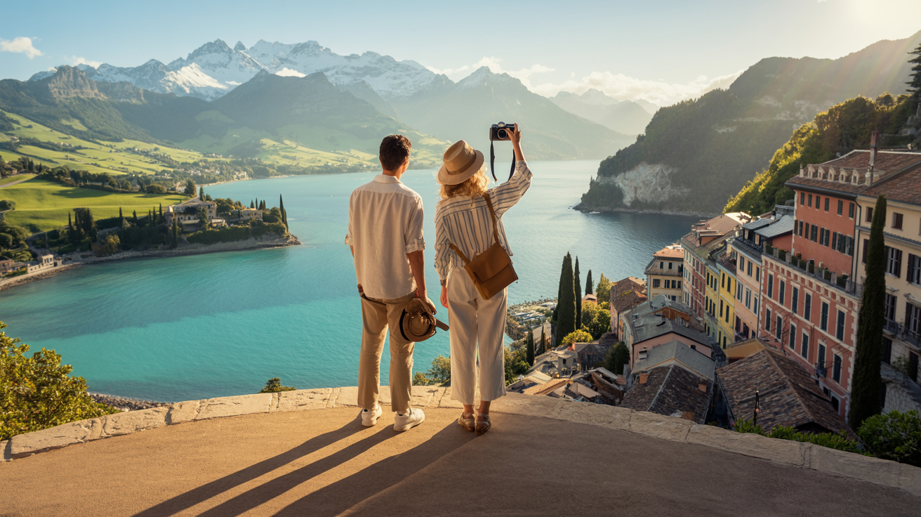 A couple stands by a lake, capturing a photo of the serene water and majestic mountains in the background.