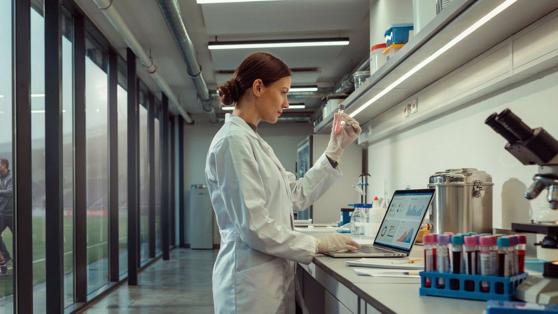 "Sports scientist analyzing samples in lab with rugby players training in background in realistic fitness research scene"