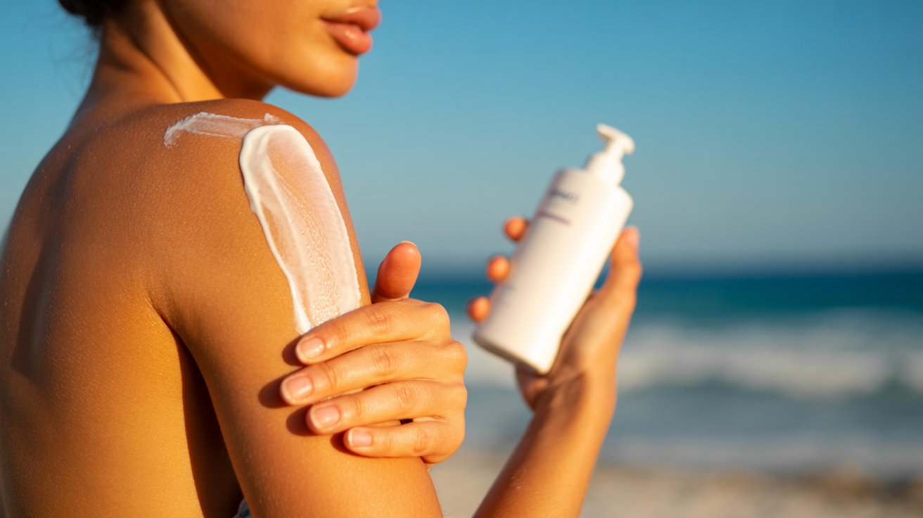 Person applying sunscreen outdoors while developing a light tan under bright summer sunlight