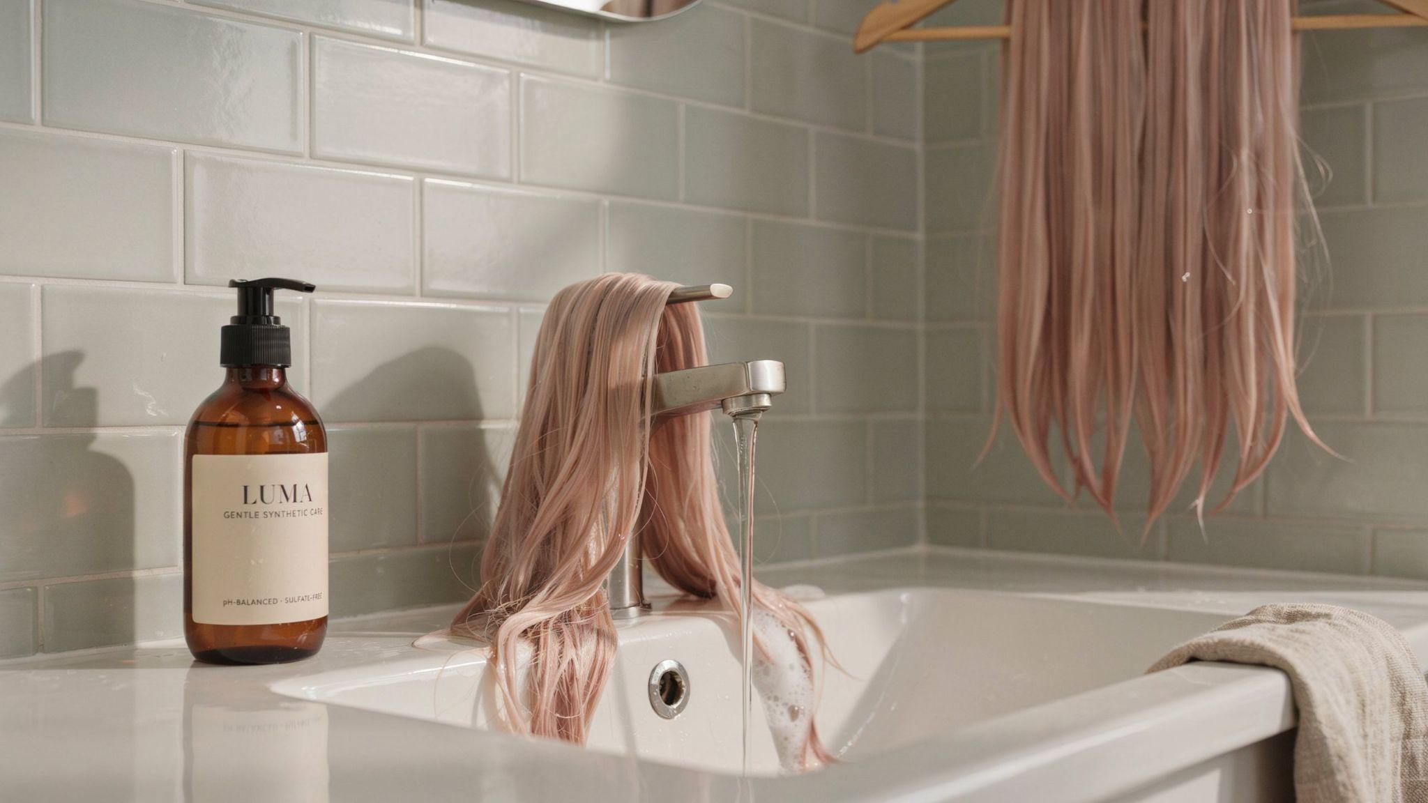 Synthetic hair extensions being washed and air dried in a real bathroom setting.