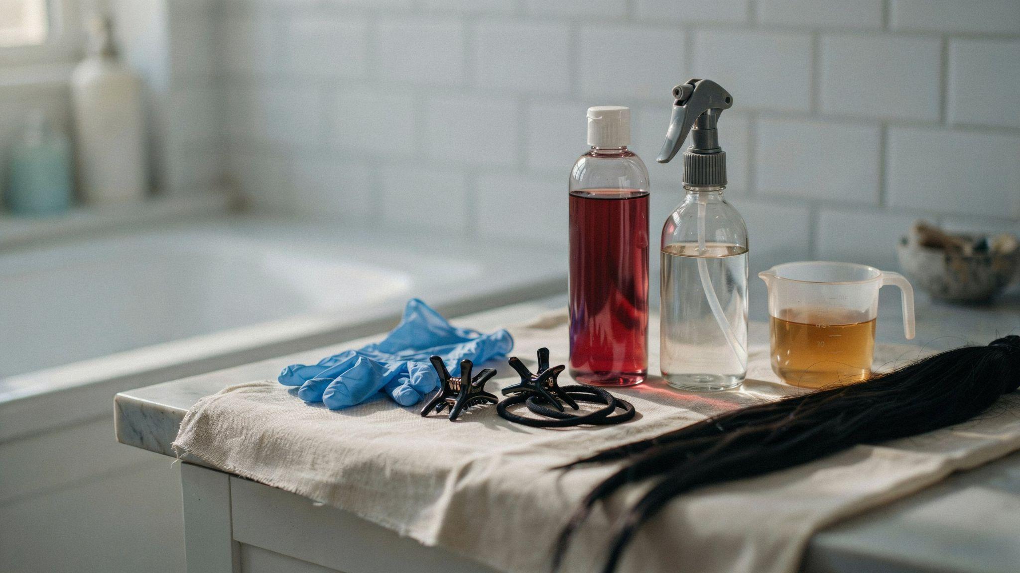DIY supplies laid out for dyeing synthetic hair using FW ink method in a realistic home setup.
