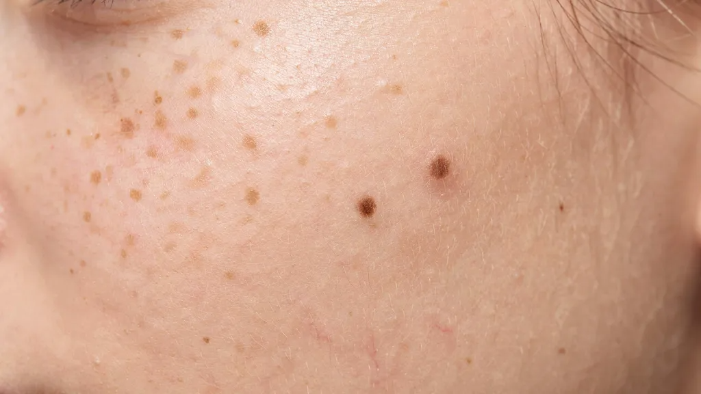 Freckles and moles on facial skin.