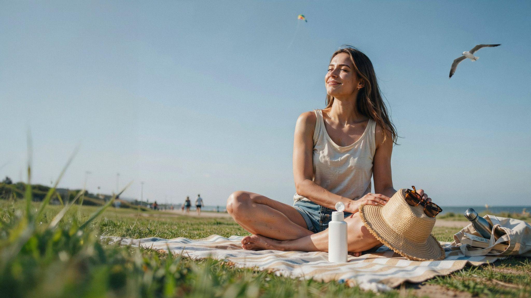 Person tanning outdoors under moderate UV conditions with safe sun exposure practices
