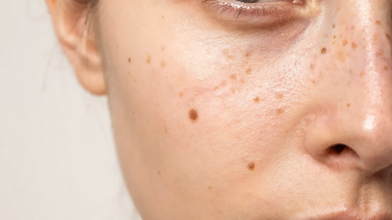 Close-up comparison of freckles and moles on healthy facial skin.
