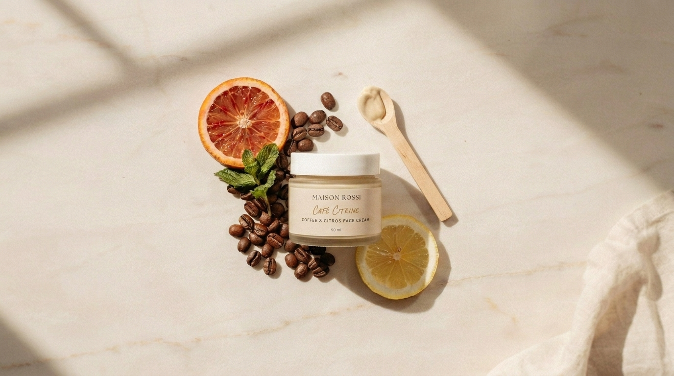 Coffee face cream with roasted coffee beans and citrus slices arranged on bright clean background.