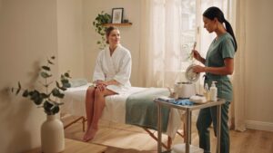 Client preparing for a Brazilian wax in a calm, professional spa environment before the appointment.