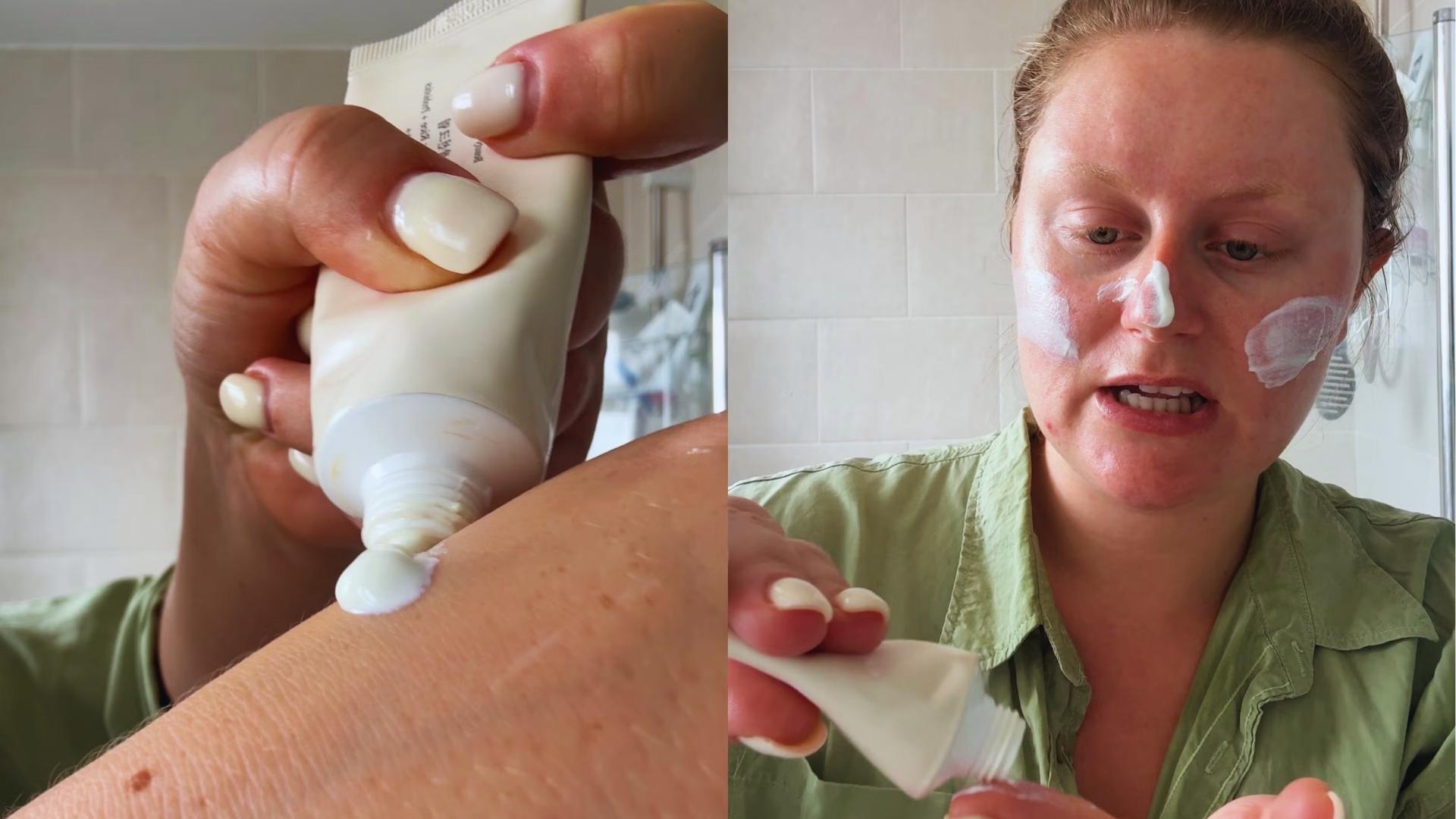 Split image left shows sunscreen squeezed onto arm, right shows woman applying white cream to cheeks and nose in bathroom.